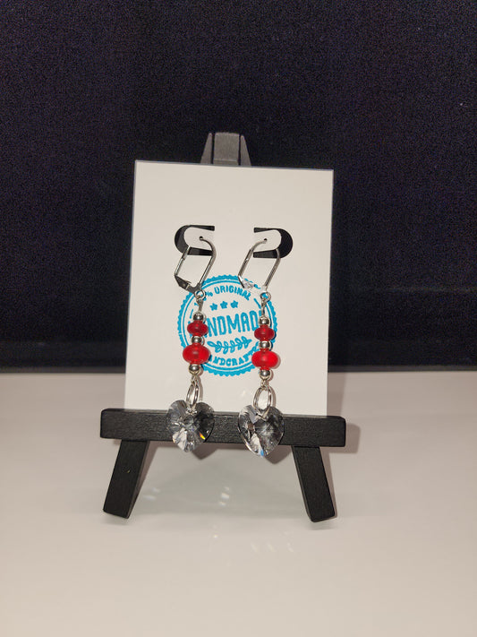 Crystal heart dangle with frosted red beads